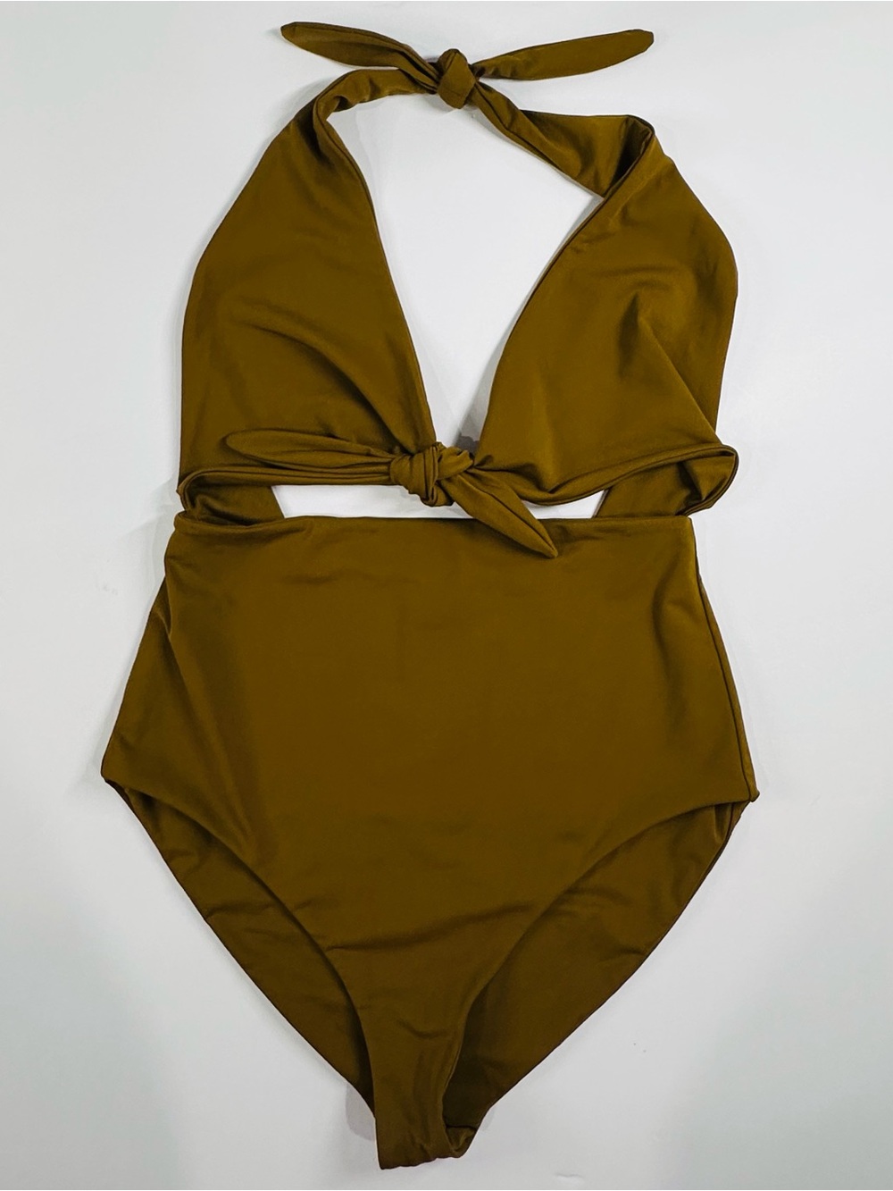 Mara Hoffman Olive Mustard Brown Cutout One Piece Swimsuit Halter Size Large L